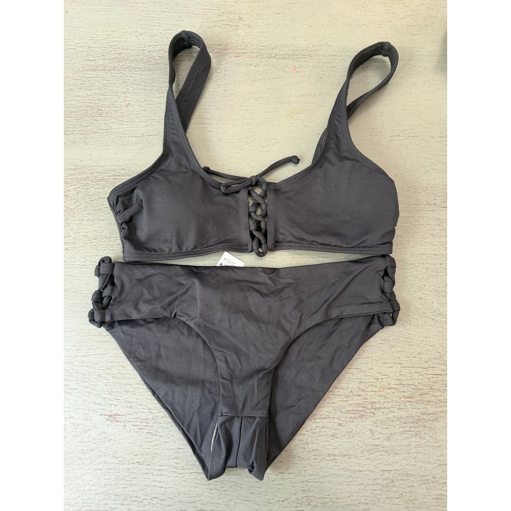 L*Space Womens Black Lace Up Front Bikini Two Piece Swimsuit Set XS